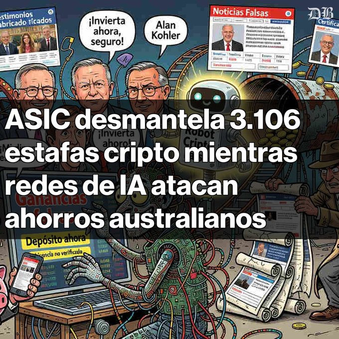 A cartoon collage about cryptocurrency scams featuring caricatures labeled 'Alan Kohler' with speech bubbles saying '¡Invierta ahora, seguro!' and headlines about 'ASIC desmantela 3.106 estafas cripto mientras redes de IA atacan ahorros australianos'.