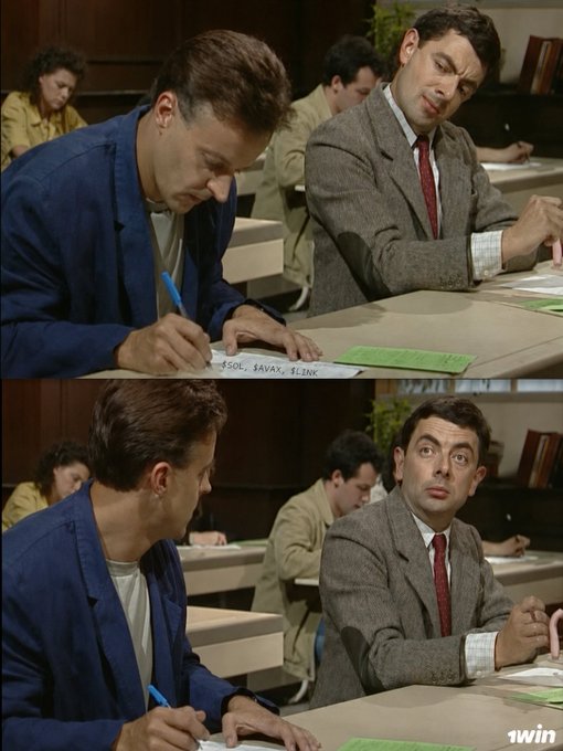 Two-panel scene from Mr. Bean: in the top frame, Bean sits beside another man writing on paper labeled "SOL, SAVAX, BLINK"; in the bottom frame, he turns to glare at his neighbor with a comically exaggerated expression.