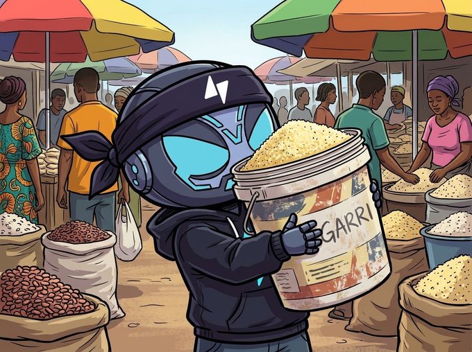An anime-style character with a bandana and a futuristic visor holds a large bucket labeled 'GARRI' in a bustling West African market filled with vendors and bags of grains.