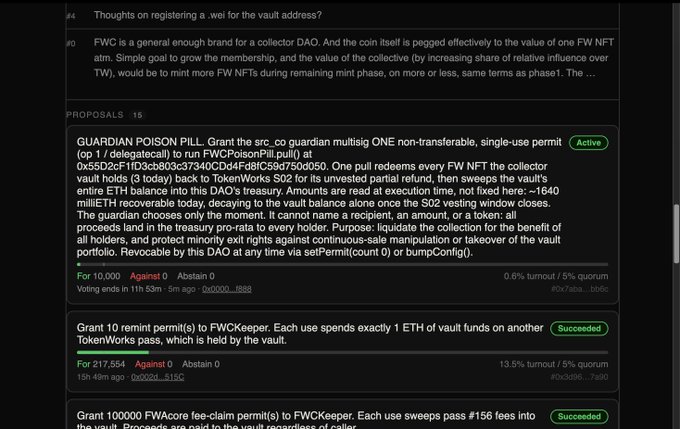 The image displays a list of proposals from a DAO, with "GUARDIAN POISON PILL" being an active proposal to "run FWCPoisonPill.pull() at 0x55D2cF1fD3cb803c37340CDd4Fd8fC59d750d050" to protect minority exit rights. This relates to the post by showing concrete, "hands-on" mechanisms being proposed and voted upon within a decentralized autonomous organization.