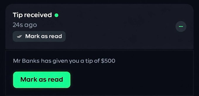 A notification reading "Mr Banks has given you a tip of $500," displayed on a tip-received alert, suggesting the poster won or received a larger-than-expected reward despite the original giveaway promising only $100 split among five participants.