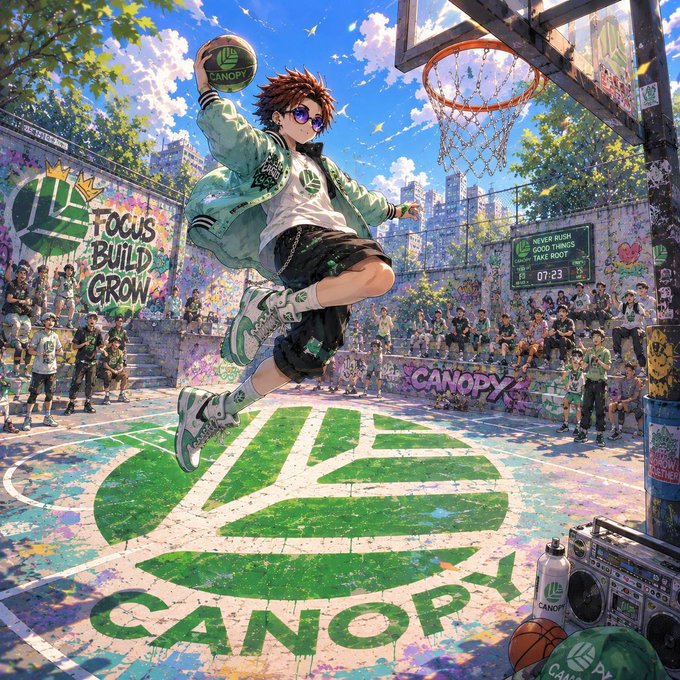 An anime-style illustration shows a young basketball player in a green jacket leaping toward a hoop on a graffiti-covered court, with "CANOPY" branded on the ball, court floor, and surrounding signage alongside text like "FOCUS BUILD GROW" and "NEVER RUSH, GOOD THINGS TAKE ROOT 07:23." The imagery cleverly ties to the post by visualizing Canopy Network's branding through the player catching a ball mid-air—symbolizing the acquisition as a pivotal "play" for the project—while the motivational court graffiti ("Focus, Build, Grow" and "Never Rush, Good Things Take Root") reinforces the post's underlying message about avoiding hype-driven noise and focusing on strong fundamentals, particularly relevant to the Tanssi acquisition's operational significance beyond the headline.