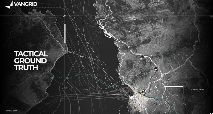 Black and white tactical map graphic titled 'TACTICAL GROUND TRUTH' from VanGrid, showing surveillance and movement data points across a coastal region marked as 'SPATIAL DATA'.