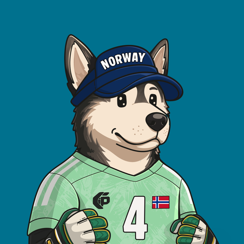 The image features a cartoon dog wearing a green jersey with the number 4, standing against a blue background. The dog appears to be posing for the camera while wearing a hat that says "NORWAY" on it. The caption of the image reads "Pup Cup #1360 SOLD 0.030 ETH Opensea opensea.io/assets/ethereu ... Join the World Pup Protocol: opensea.io/collection/the ...", which suggests a connection to a worldwide dog fan club or organization that promotes the idea of dogs being part of human society and culture.