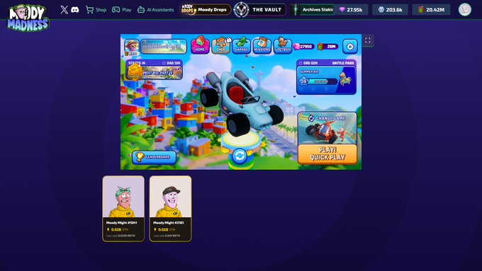 A screenshot of the 'Roly Madness' game interface on MoonDrop displaying a dog driving a car, with options for 'PLAY' and 'QUICK PLAY' alongside various in-game currencies.