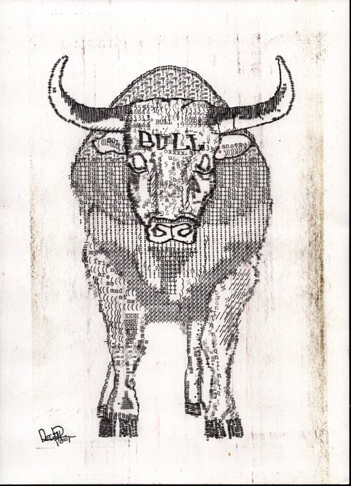 A striking black-and-white illustration of a charging bull, entirely composed of intricately placed typography with the word "BULL" prominently featured on its forehead. The artwork, signed "Lee Post," visually embodies the bullish market sentiment celebrated in the NFT post, symbolizing strength and upward momentum in the crypto space.