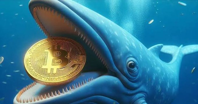 A digital illustration of a blue whale with its mouth open holding a large golden Bitcoin coin underwater.