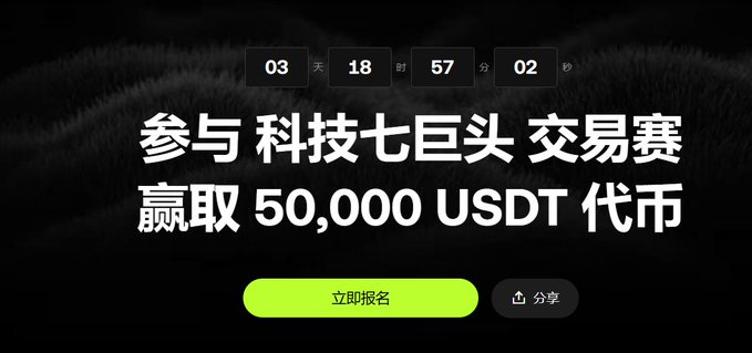 A promotional banner for an OKX trading competition featuring a countdown timer (03 days, 18 hours, 57 minutes, 02 seconds), with Chinese text inviting users to participate in the "Magnificent Seven" tech trading competition to win a 50,000 USDT prize pool, alongside "立即报名" (Register Now) and "分享" (Share) buttons.