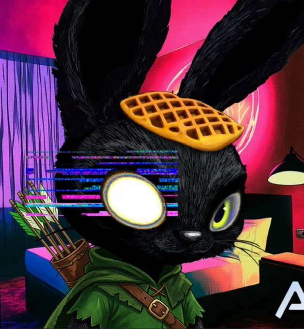 A vibrant digital artwork of a black rabbit-like character wearing a green tunic and a waffle on its forehead, sporting a glowing circular lens or monocle over one eye in a neon-lit room.