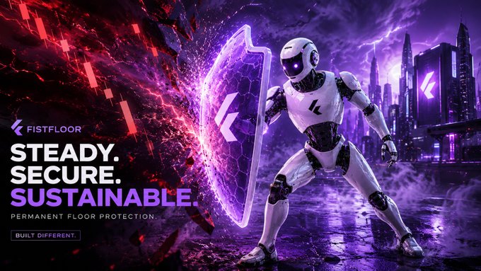 The image features a robot with a shield that says "steady, secure, sustainable" written on it. The robot appears to be standing in front of a city skyline, which suggests an urban setting. The background of the image is purple, creating a visually striking contrast with the white and blue elements within the scene.