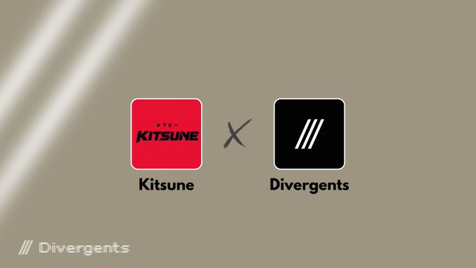The image displays a partnership announcement graphic featuring two logos side by side: a red "Kitsune" logo on the left and a black "Divergents" logo with diagonal stripes on the right, separated by an "X" symbol on a beige background, visually representing the collaboration mentioned in the post about the partnership and upcoming raffles in their Discord server.