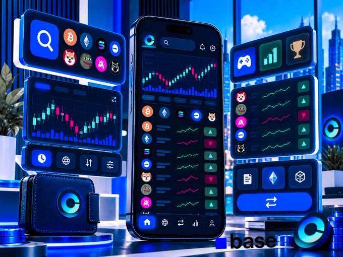 A promotional graphic displays a smartphone showing a cryptocurrency trading app surrounded by floating panels with charts and crypto icons, with the 'base' logo in the bottom right corner.