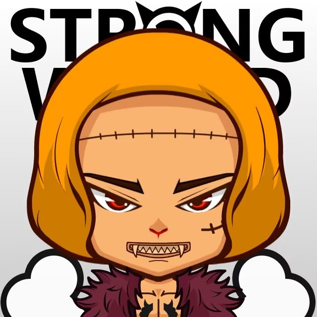 A chibi-style cartoon character with orange hair, a stitched scar, sharp teeth, and red eyes, wearing a dark fur-collared coat with 'STRONG' visible in bold text behind them.