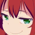 A close-up anime-style illustration of a character with red hair and bright green eyes, smiling with closed eyes.