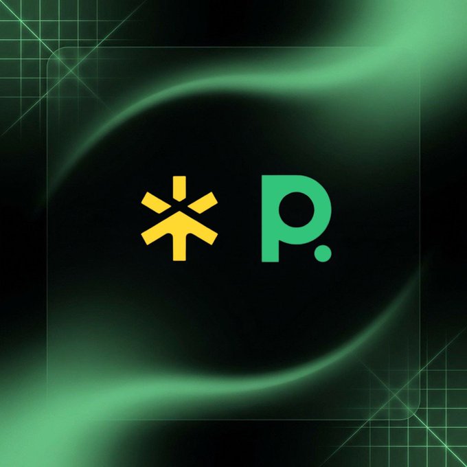 A dark graphic with green swirls displaying a yellow asterisk-like symbol next to a green letter 'P' with a period.