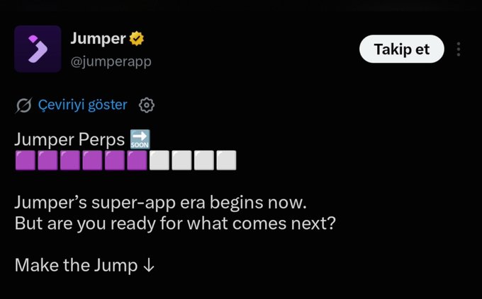 A social media post by Jumper (@jumperapp) announcing 'Jumper Perps SOON' with a progress bar of 5/8 filled, reading 'Jumper's super-app era begins now. But are you ready for what comes next? Make the Jump ↓'.