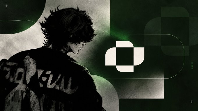 An anime-style illustration of a dark-haired character in profile wearing a hoodie, set against a green and dark background with a geometric logo.