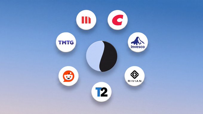 Seven circular company logos—including Invesco, Rivian, Reddit (TMTG), T2, and others—are arranged around a yin-yang style black and blue sphere on a soft blue gradient background, visually representing the "7 new RWAs (Real World Assets)" now available for Indices treasuries as mentioned in the accompanying post.