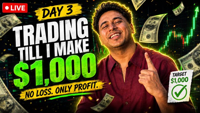 A YouTube thumbnail showing a smiling man pointing up, surrounded by falling dollar bills and trading charts, with text reading 'LIVE', 'DAY 3 TRADING TILL I MAKE $1,000 NO LOSS. ONLY PROFIT.', and 'TARGET $1,000' with a green checkmark.