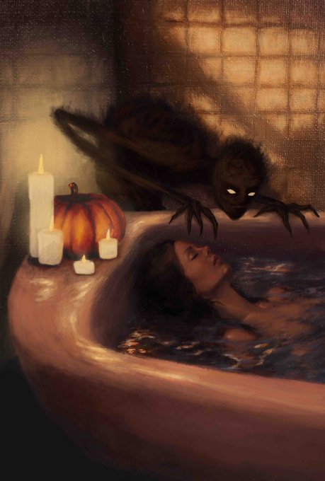A digital painting depicting a dark, shadowy demon with glowing eyes looming over a woman as she relaxes in a bathtub surrounded by lit candles and a pumpkin.