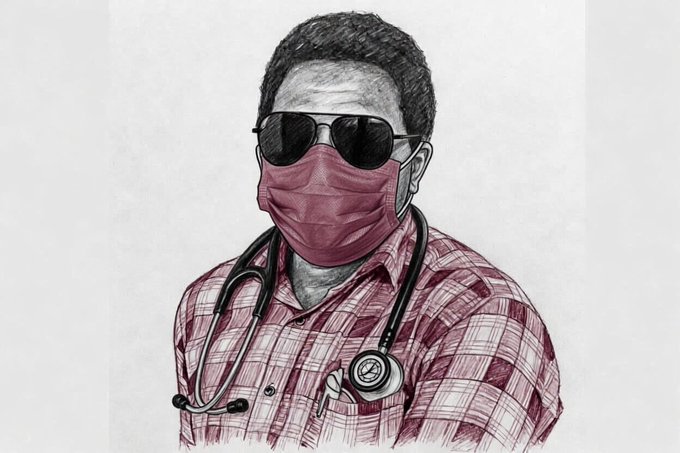 urn of water, a black stethoscope, and a red mask are depicted against a white background.