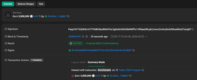 A blockchain transaction summary screen showing a successful burn of 5,000,000 PST token from address BL4UAo...YzdMY on October 6, 2026, with the signer being BL4Ua06e9Cf38j6pMSVF7pn7kXzZhwQjn5cAYzdMY.