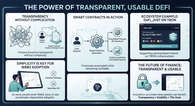 An infographic titled 'THE POWER OF TRANSPARENT, USABLE DEFI' with sections on 'TRANSPARENCY WITHOUT COMPLICATION', 'SMART CONTRACTS IN ACTION', and an 'ECOSYSTEM EXAMPLE: DeFi_JUST ON TRON'.