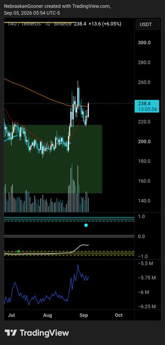 A TradingView daily chart for TAO/USDT on Binance (Sep 5, 2026) shows the price trading around $238.40 (+6.05%), having bounced off the ~$200–210 support zone and holding above the key moving averages, supporting the poster's view that the bottom is in and $210 should not be revisited.