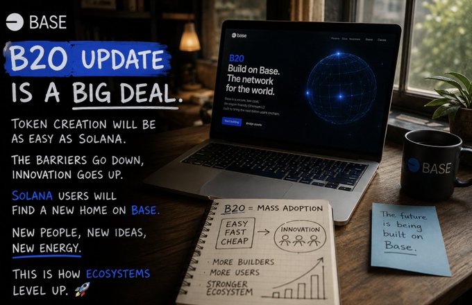 A promotional graphic for Base's B20 update, highlighting that token creation will be as easy as Solana, with the tagline 'B20 UPDATE IS A BIG DEAL' and notes about mass adoption.