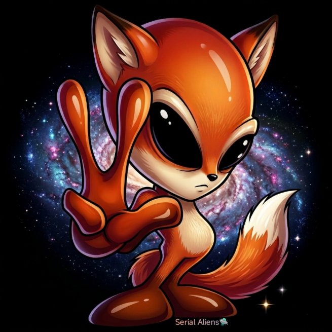 A cartoon-style digital illustration of an orange fox-like alien character making a peace sign against a cosmic galaxy background, with the watermark 'Serial Aliens' visible at the bottom.