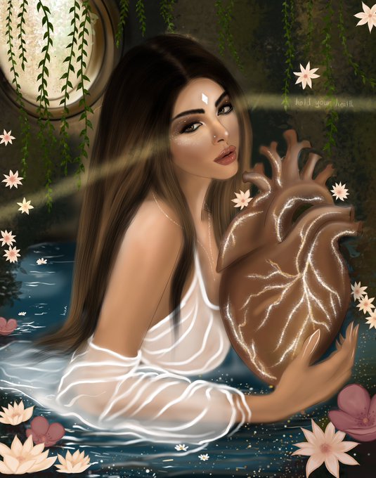 A digital illustration depicts a woman in water holding an anatomical heart, surrounded by lotus flowers and hanging vines, with the text 'hold your heart' visible.