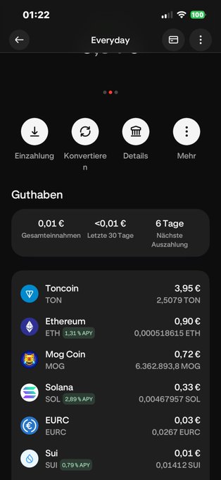 The image shows a phone screen displaying various cryptocurrency wallet options, including Bitcoin Cash, Etherium, and MOG. The text on the screen reads "Muss alle meine kleinen ton wallets für sui und Marge leeren voll anstrengend". This suggests that there are multiple wallet options available for users to choose from, catering to different preferences or investment strategies.