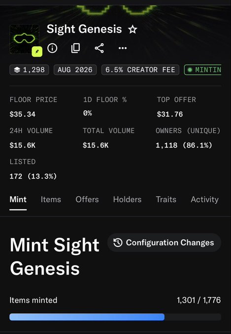A digital asset listing page for 'Sight Genesis' showing a floor price of $35.34, 24H volume of $15.6K, 1,118 unique owners, with 1,301 of 1,776 items minted.