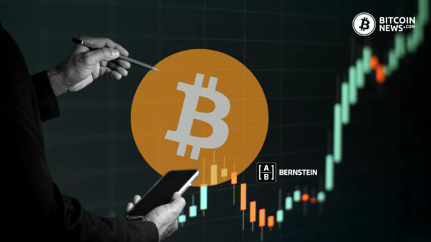A person's hands hold a pen and smartphone next to a large Bitcoin symbol, set against a background of rising stock charts, with the "Bitcoin News.com" and "AB Bernstein" logos visible. The image visually reinforces the news of Bernstein's bullish $300K Bitcoin price prediction by 2029, pairing the cryptocurrency's iconic logo with an upward-trending chart to symbolize anticipated price growth.