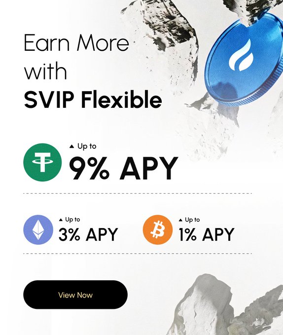 A promotional graphic featuring the text "Earn More with SVIP Flexible" showcasing APY rates of up to 9% on ETH (Tethered/USDT) and 3% on Ethereum and 1% on Tether (Bitcoin), with a "View Now" call-to-action button. The image advertises HTX's SVIP Flexible earning program, encouraging users to put their crypto assets to work through the HTX App.