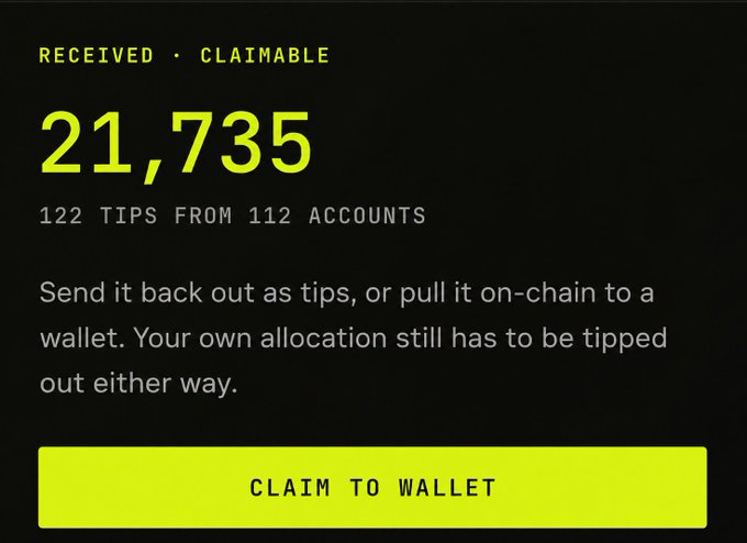 Dark screen showing a tip claim interface with "RECEIVED · CLAIMABLE" header, "21,735" tips from "122 TIPS FROM 112 ACCOUNTS," and a yellow "CLAIM TO WALLET" button.