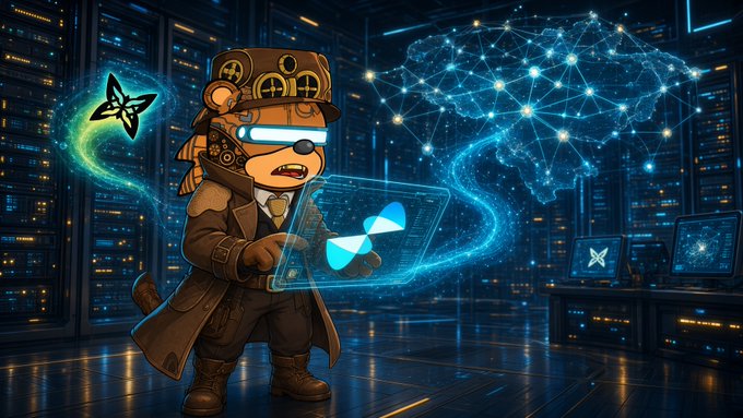A digital illustration of a steampunk-style anthropomorphic bear wearing goggles and a coat, holding a glowing holographic display in a tech server room.
