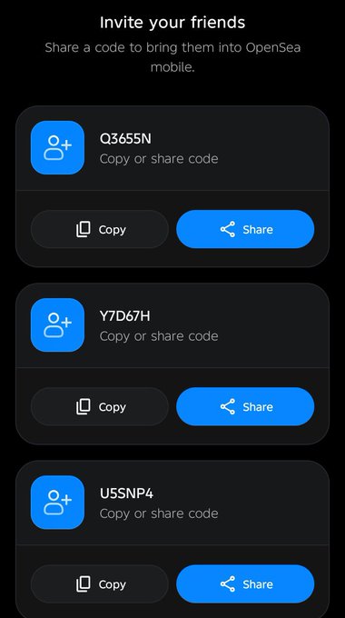 A mobile app screen titled 'Invite your friends - Share a code to bring them into OpenSea mobile' displaying three invite codes (Q365SN, Y7D67H, U5SNP4) with Copy and Share buttons.