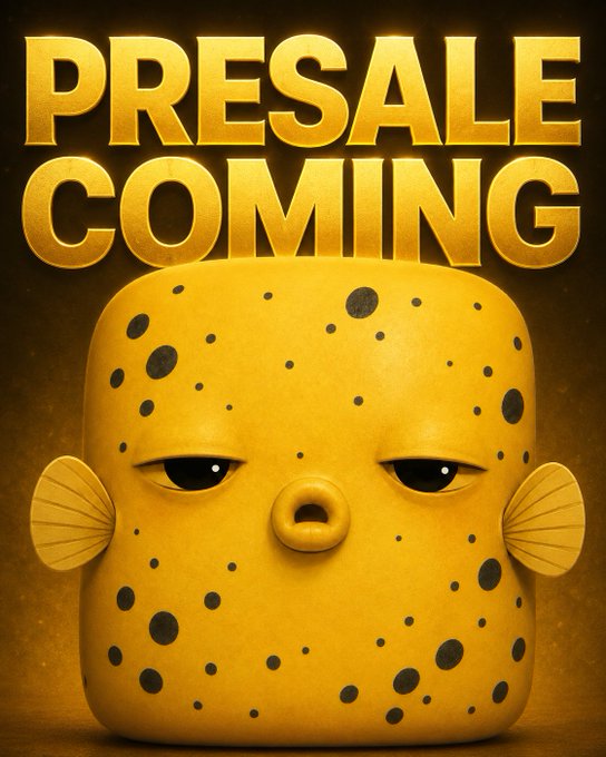 A yellow, cube-shaped character with black spots, sleepy eyes, and fan-like fins is featured beneath bold golden text reading "PRESALE COMING," promoting the upcoming SUBB presale available at mint.subb.online from August 30 to September 2.
