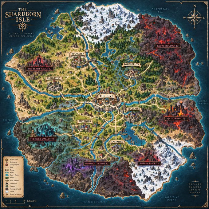 A fantasy map titled 'THE SHARDBORN ISLE - A LAND OF BLOCKS, BEYOND THE CHAIN,' showing various labeled regions like 'RUGWATER,' 'THE HIVE,' and 'REORG HOLLOW T3.'