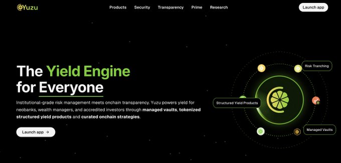 A website landing page for 'Yuzu' with the tagline 'The Yield Engine for Everyone', describing institutional-grade risk management and featuring a diagram with 'Risk Tranching', 'Structured Yield Products', and 'Managed Vaults'.