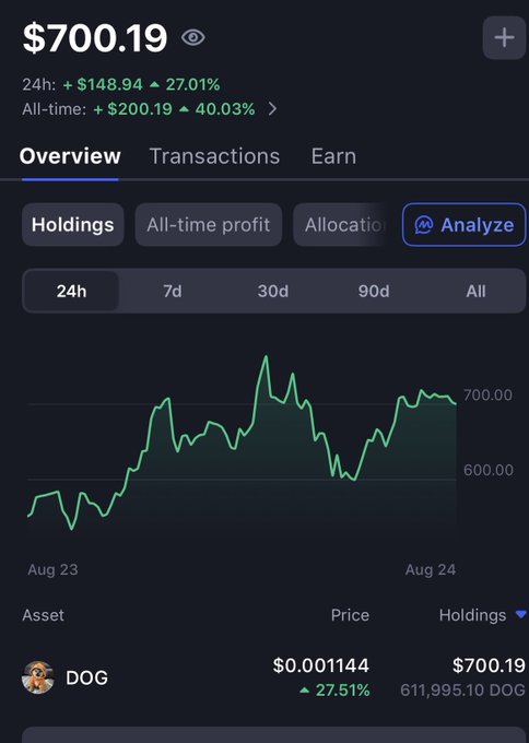 A cryptocurrency portfolio tracking app screenshot showing a balance of $700.19 with DOG (Dogecoin) holdings of 611,995.10 DOG at $0.001144 each, displaying a 27.01% gain over 24 hours and a 40.03% all-time profit.