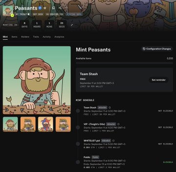 A dashboard screenshot showing the "Peasants" NFT collection page, displaying "Mint Peasants" with a team stash of 5,000 items and a mint schedule featuring Team Stash, VIP (Teagers only), Waitlist/GA, and Public phases priced at 0.4 ETH per NFT. The image relates to the post by highlighting one of the NFT collections being recommended for watching on OpenSea.