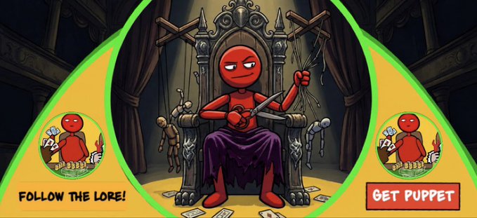 The image features a cartoon character, possibly a red-headed boy or a red dragon, sitting on a throne with a sword in his hand. The character appears to be wearing a purple robe and holding a book in one hand while using the other hand to hold a scroll. The background of the image is green, which contrasts with the red color of the character's hair. In the bottom right corner of the image, there are three small circles labeled "Follow the Lore!" and "Get Puppet".