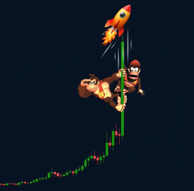 A 3D render of Donkey Kong and Diddy Kong climbing a green candlestick chart with a rocket flying upward, symbolizing a stock market rally.