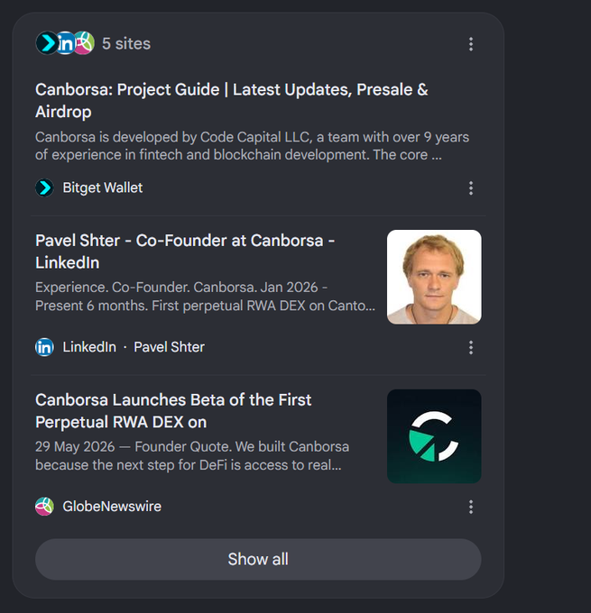 A screenshot of a phone screen that displays a search engine results page ( SERIES ). The results show various links related to Bitcoin news and analysis, including a title "Camborsa Launches beta of RWA DEX on 29 May 2016" which appears to be an article about the development of a new cryptocurrency. The screen also features a website for Bitcoin news that is labeled "showing all".