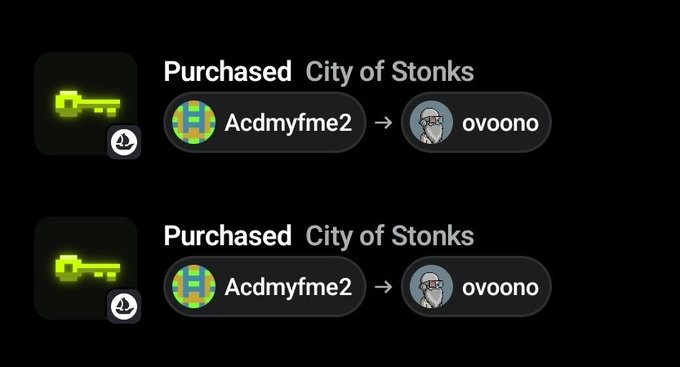 Two transaction notifications on a dark background showing 'Purchased City of Stonks' from user 'Acdmyfme2' to 'ovoono', each accompanied by a glowing green pixel-art key icon.