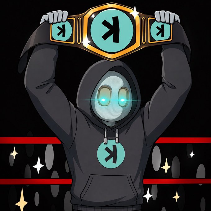 A hooded, robot-like character triumphantly raises a championship belt adorned with the "K" logo above their head in a wrestling ring, symbolizing Kaspa's ($KAS) potential to emerge as a top contender in the crypto market. The imagery reinforces the post's message that $KAS's superior technology positions it to claim victory once the market bottoms out.