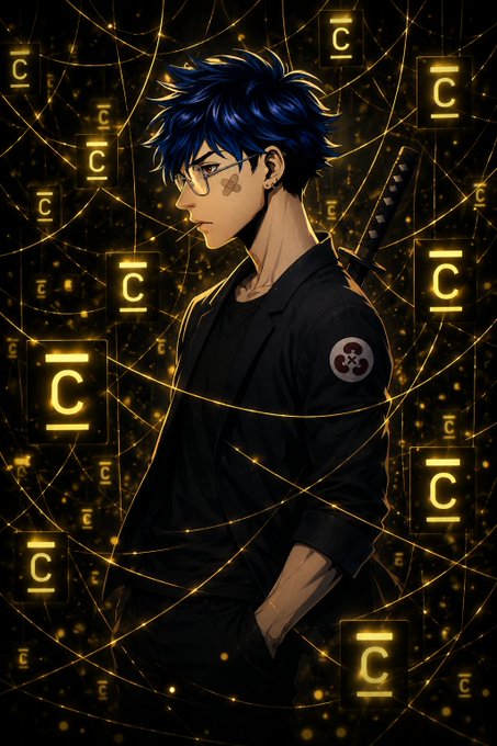 An anime-style illustration features a blue-haired figure in dark clothing with a sword on his back, set against a background of glowing golden digital symbols and web-like patterns. The post contrasts this poised, patient swordsman with the message of patience over rushing a token launch, waiting for @ConcreteXYZ to build long-term value rather than a premature TGE.