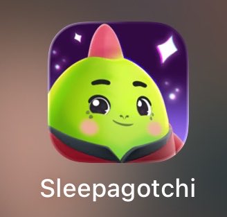 An app icon for 'Sleepagotchi' depicts a cute green round character wearing a red hood with a pink tip, set against a starry purple background.